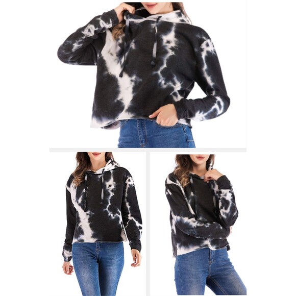 Fifth Sun Black and White Crop Tie Dye Fleece Pullover Hoodie (Large) NWOT - Picture 1 of 6